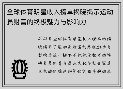 全球体育明星收入榜单揭晓揭示运动员财富的终极魅力与影响力